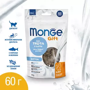 Лакомство Monge Gift для котят &quot;Хрустящие подушечки с начинкой&quot; с форелью и молоком Kitten